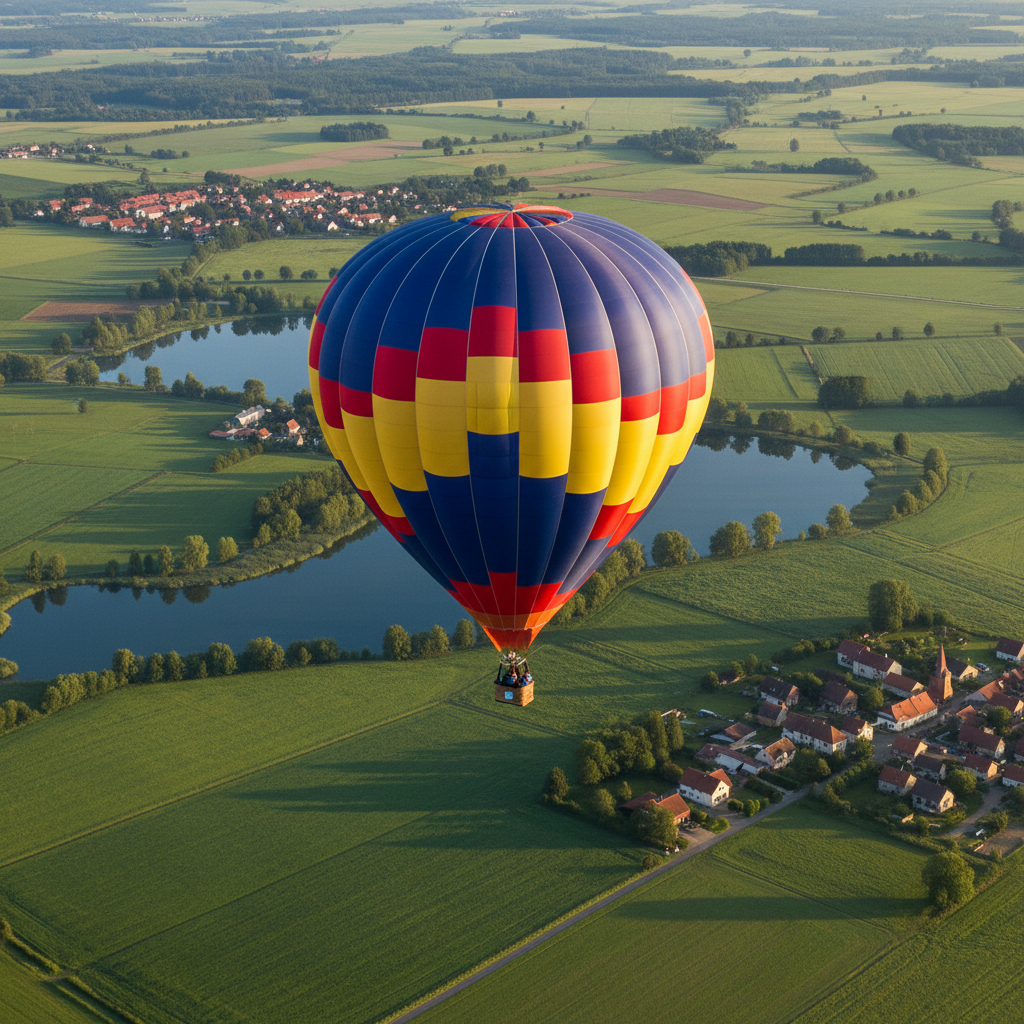A sleek, brightly colored hot air balloon with intricate patterns in bold reds, blues, and yellows, its ripstop nylon fabric subtly reflecting soft daylight. The balloon floats gracefully over a vast, patchwork landscape of green fields, calm lakes, and quaint villages of Ostprignitz-Ruppin, all seen from above. Warm, gentle sunlight bathes the scene, casting long morning shadows across the countryside. The overall mood is serene, evoking a sense of freedom and calm exploration. Captured from a high, slightly angled bird’s-eye view, the balloon is centered, with sharp focus on its basket and envelope, while the lush panorama stretches outward. The photographic style is clean, professional, and minimalist, creating a structured, corporate-worthy image.