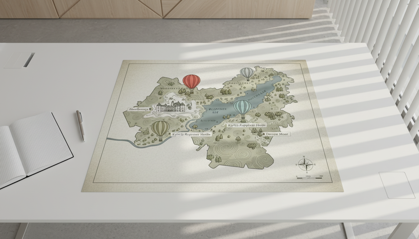 A stylized, detailed map of Ostprignitz-Ruppin rendered in neutral greys and soft earth tones, featuring illustrated icons of hot air balloons gracefully drifting over highlighted landmarks, lakes, and forests. The map is laid out on a streamlined, white desk workspace with minimal design elements: a metallic pen, clean notepad, and subtle shadows suggesting late afternoon light. The room feels airy and professional, with structured lines guiding the viewer across the map. Captured from a top-down perspective for clarity, the composition emphasizes order and clarity, evoking an atmosphere of adventure planning. The photographic style is clean, modern, and in line with a professional corporate aesthetic.