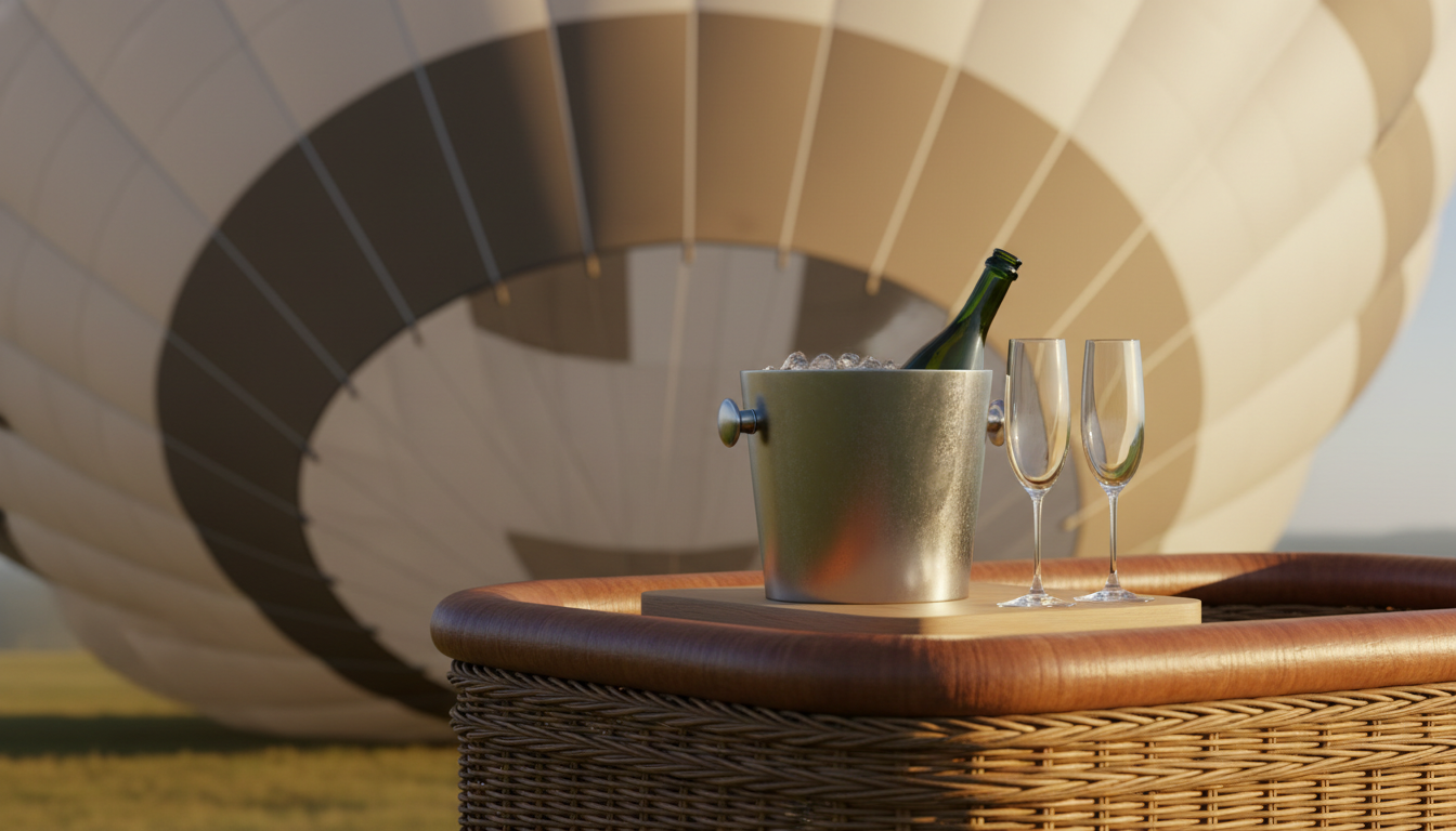A close-up of a contemporary, stainless steel and wood champagne set resting atop the sturdy edge of a hot air balloon basket, with two elegant, empty flutes and a classic bottle nestled in an ice bucket. The background reveals a clean, structured balloon envelope in subtle cream and beige, gently blowing in the wind. Early morning sun provides crisp natural light, highlighting the metallic textures and casting soft shadows on the neutral-toned basket weave. The overall feel is exclusive and sophisticated, suggesting a celebration such as a proposal or anniversary. Framed at basket level with shallow depth of field, the composition is orderly and refined, with an authentic, corporate, minimalist photographic style.